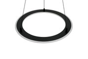 Moderne ronde hanglamp in zwart, gezien van onderaf.