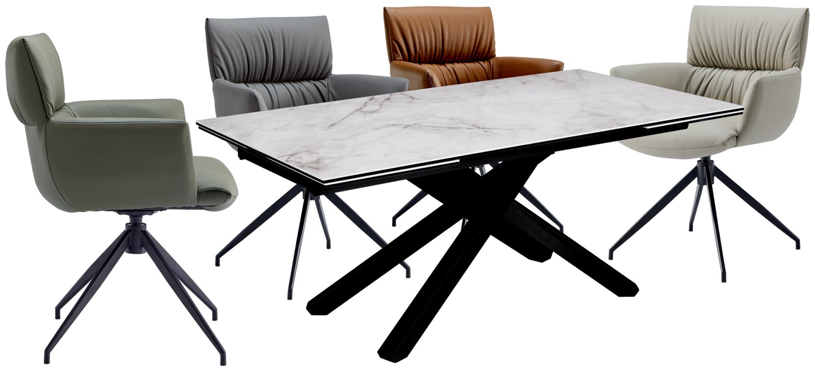 Moderne rechthoekige eettafel met wit marmerlook blad, zwart kruispootonderstel en vier gestoffeerde draaistoelen in verschillende kleuren, schuin van voren gezien.