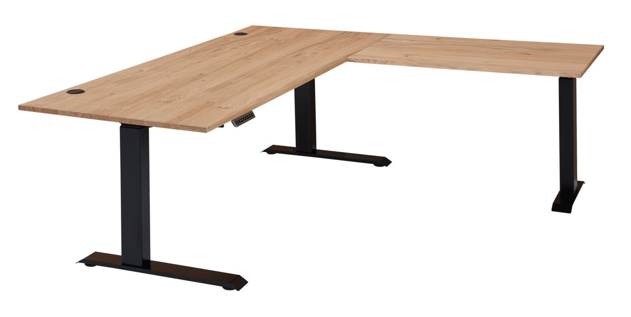 Hoekbureau van melamine in houtlook met zwart metalen onderstel, zijaanzicht