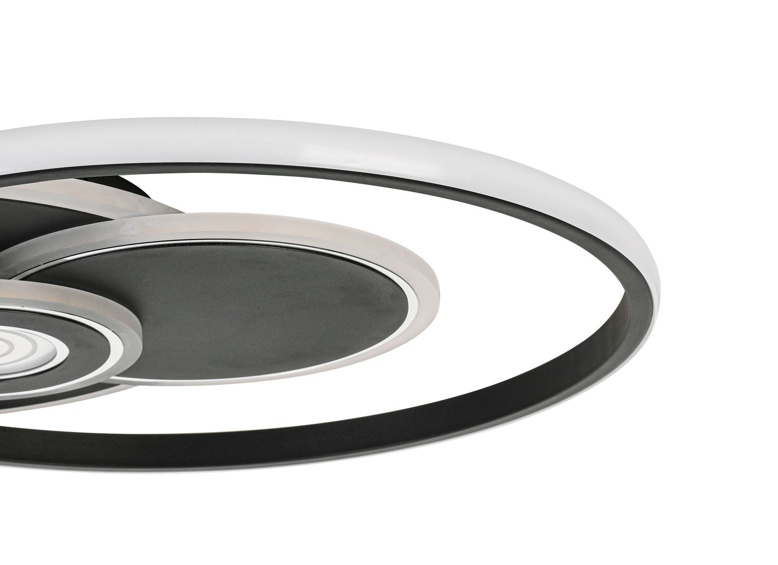 Moderne LED-Deckenleuchte mit kreisförmigem Design, seitliche Perspektive