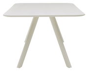 Moderner weißer Esstisch mit schrägen Beinen, seitliche Perspektive