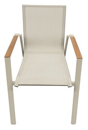 Moderner Stapelstuhl mit Metallrahmen und Holzarmlehnen, Vorderansicht