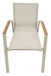 Moderner Stapelstuhl mit Metallrahmen und Holzarmlehnen, Vorderansicht