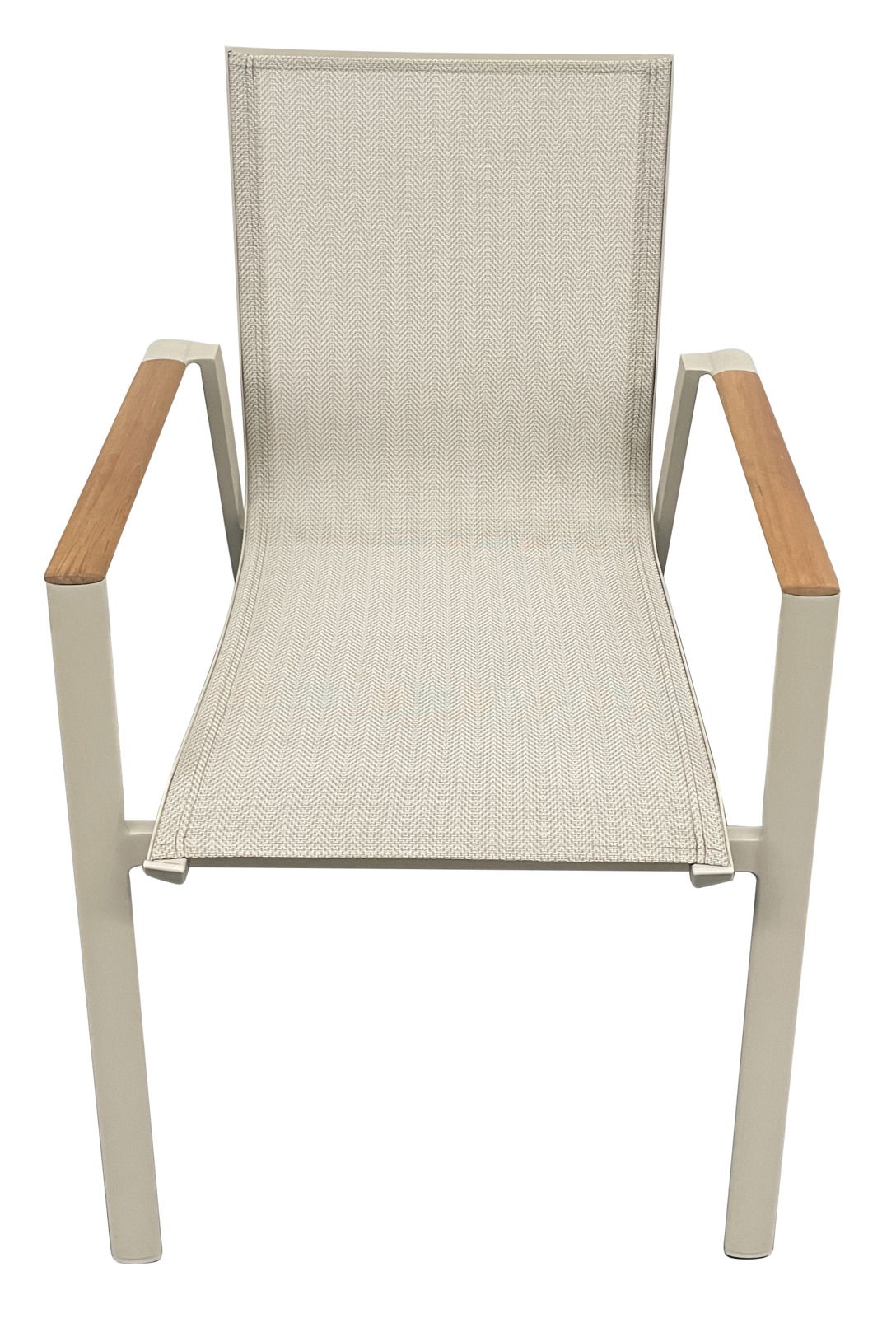 Moderner Stapelstuhl mit Metallrahmen und Holzarmlehnen, Vorderansicht