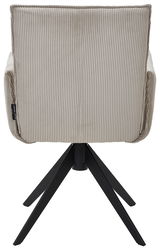 Rückansicht eines Armlehnstuhls mit gestreiftem Stoffbezug und schwarzem Metallgestell