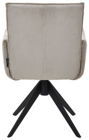 Rückansicht eines Armlehnstuhls mit gestreiftem Stoffbezug und schwarzem Metallgestell