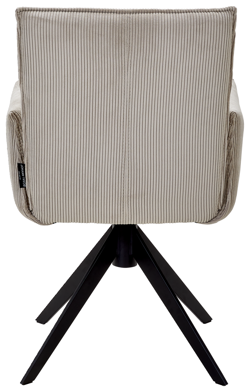 Johann Jakob Armlehnstuhl CALAS Rückansicht eines Armlehnstuhls mit gestreiftem Stoffbezug und schwarzem Metallgestell