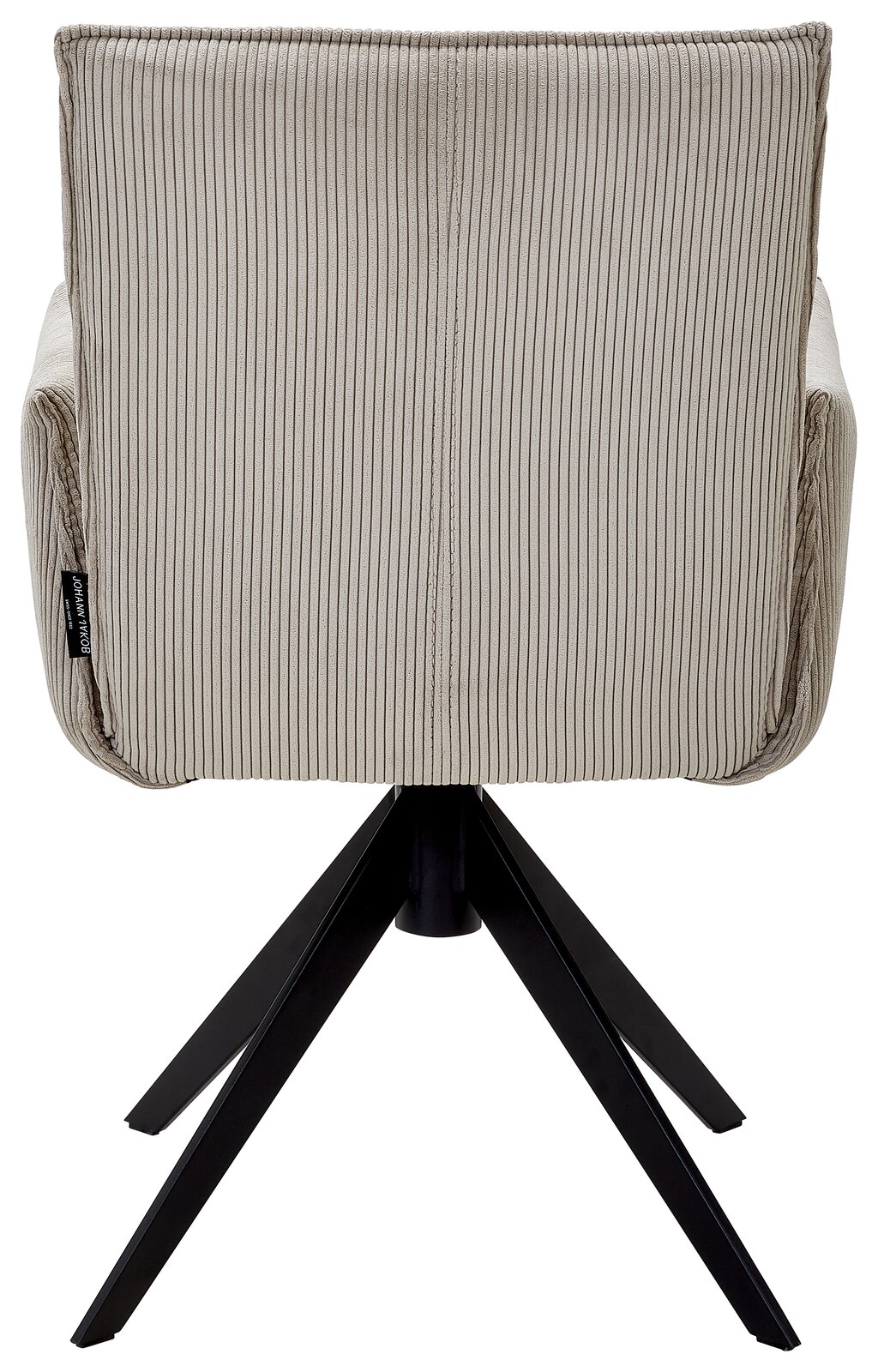 Johann Jakob Armlehnstuhl CALAS Rückansicht eines Armlehnstuhls mit gestreiftem Stoffbezug und schwarzem Metallgestell