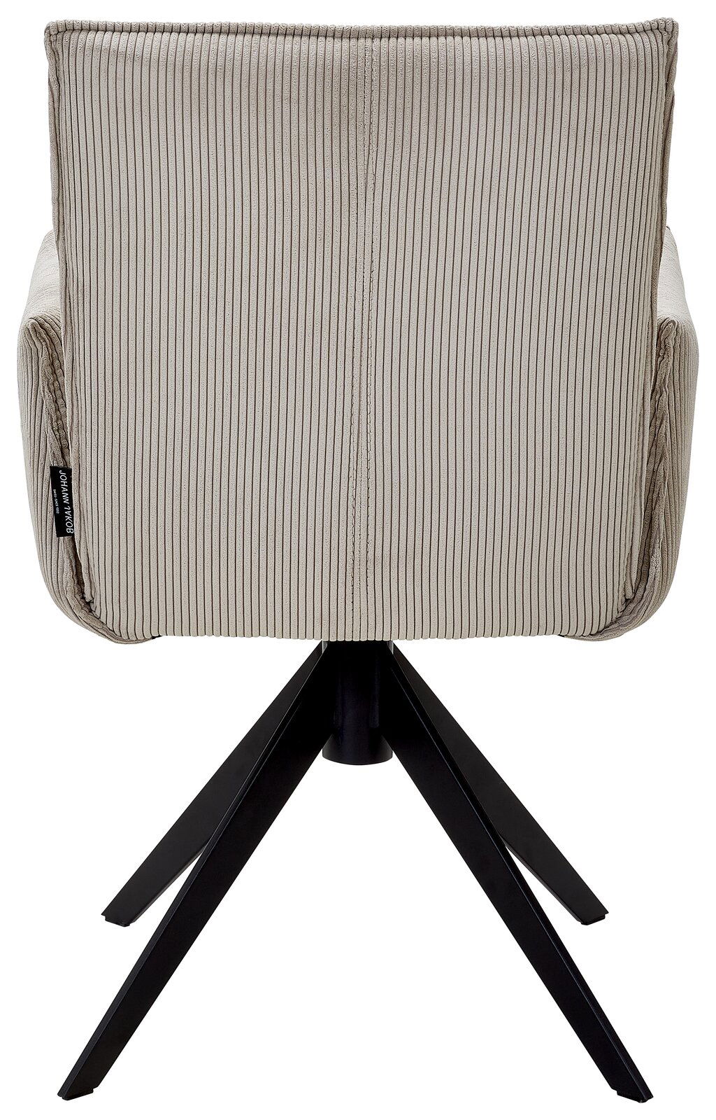 Rückansicht eines Armlehnstuhls mit gestreiftem Stoffbezug und schwarzem Metallgestell