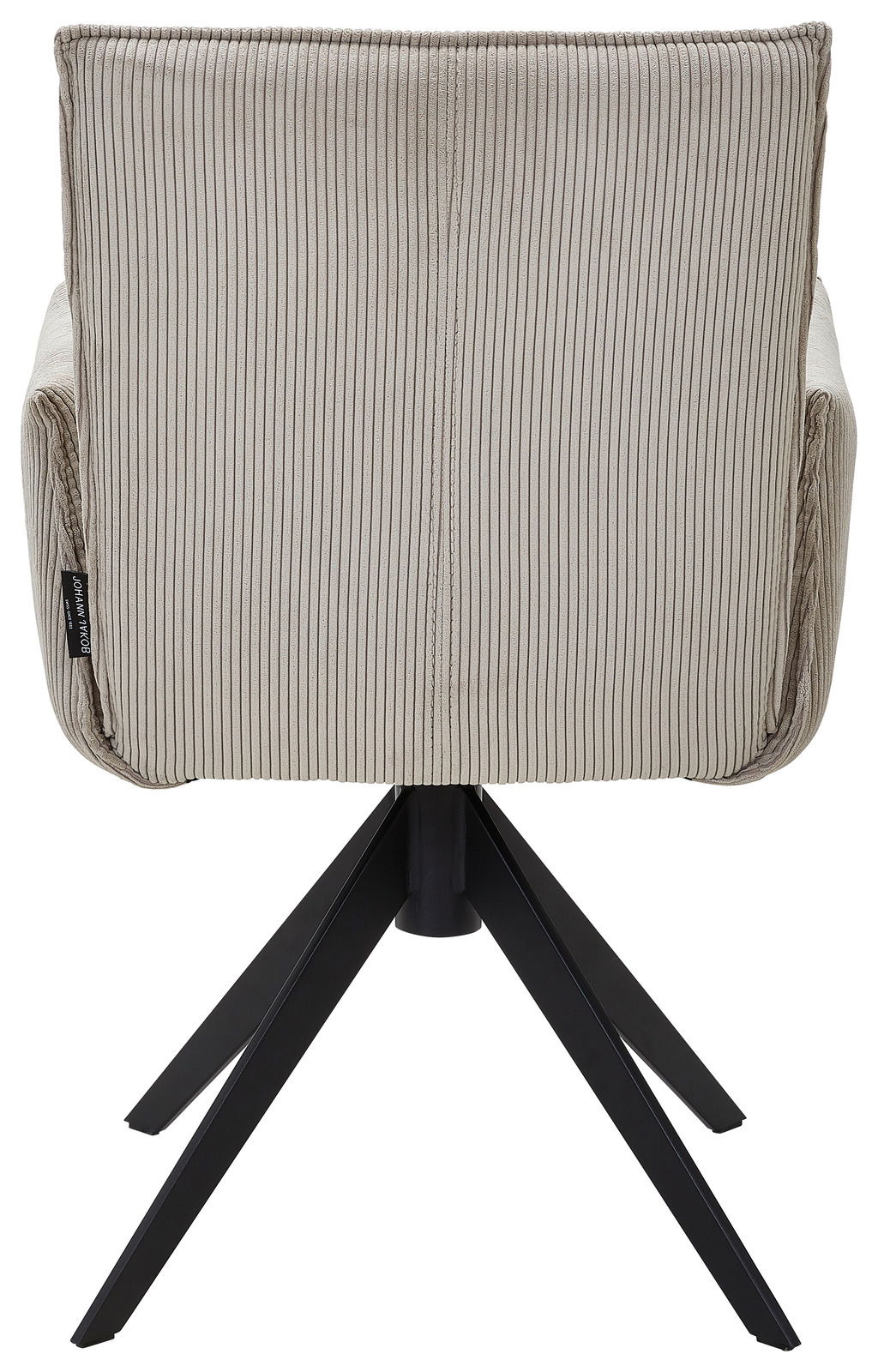 Rückansicht eines Armlehnstuhls mit gestreiftem Stoffbezug und schwarzem Metallgestell