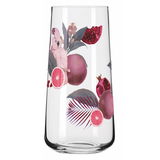 Glas mit tropischem Design, das einen Kakadu, Granatäpfel und Grapefruits zeigt, aus der Seitenperspektive.