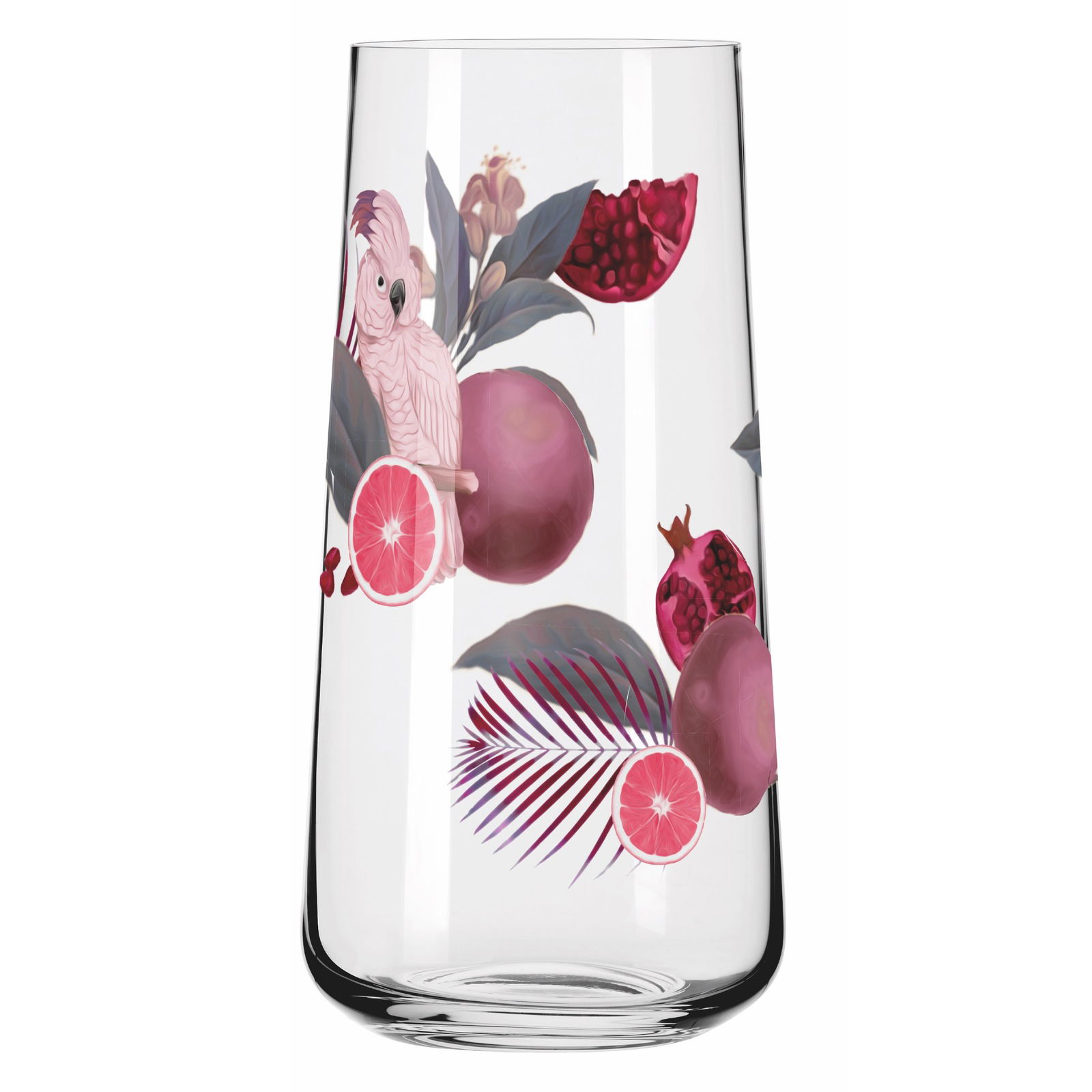Glas mit tropischem Design, das einen Kakadu, Granatäpfel und Grapefruits zeigt, aus der Seitenperspektive.