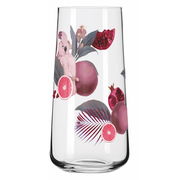 Glas mit tropischem Design, das einen Kakadu, Granatäpfel und Grapefruits zeigt, aus der Seitenperspektive.