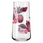 Glas mit tropischem Design, das einen Kakadu, Granatäpfel und Grapefruits zeigt, aus der Seitenperspektive.