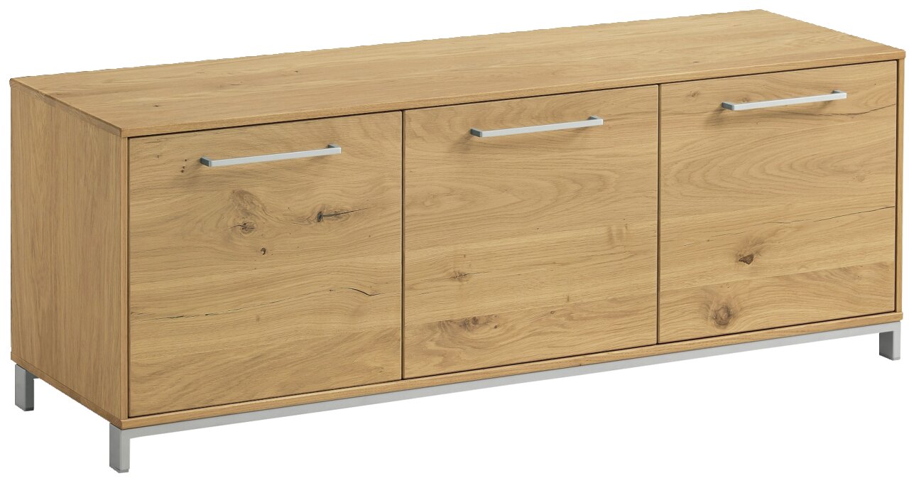 Garderobenbank aus Holz mit drei Türen und silbernen Griffen, seitliche Perspektive
