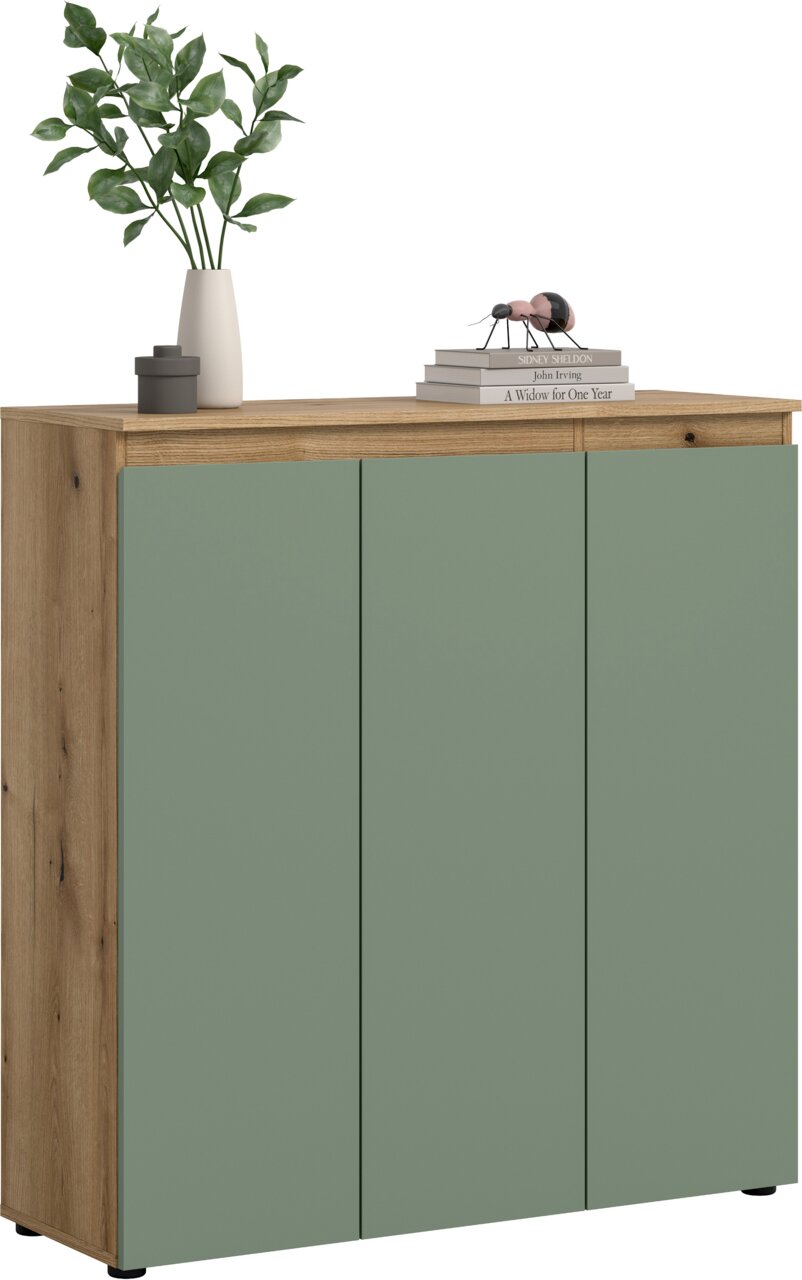 Moderne Kommode/Sideboard mit drei grün-matten Türen und Korpus in Holzoptik, auf der Deckplatte Vase mit grünen Zweigen und Bücherstapel; Ansicht schräg von vorne links