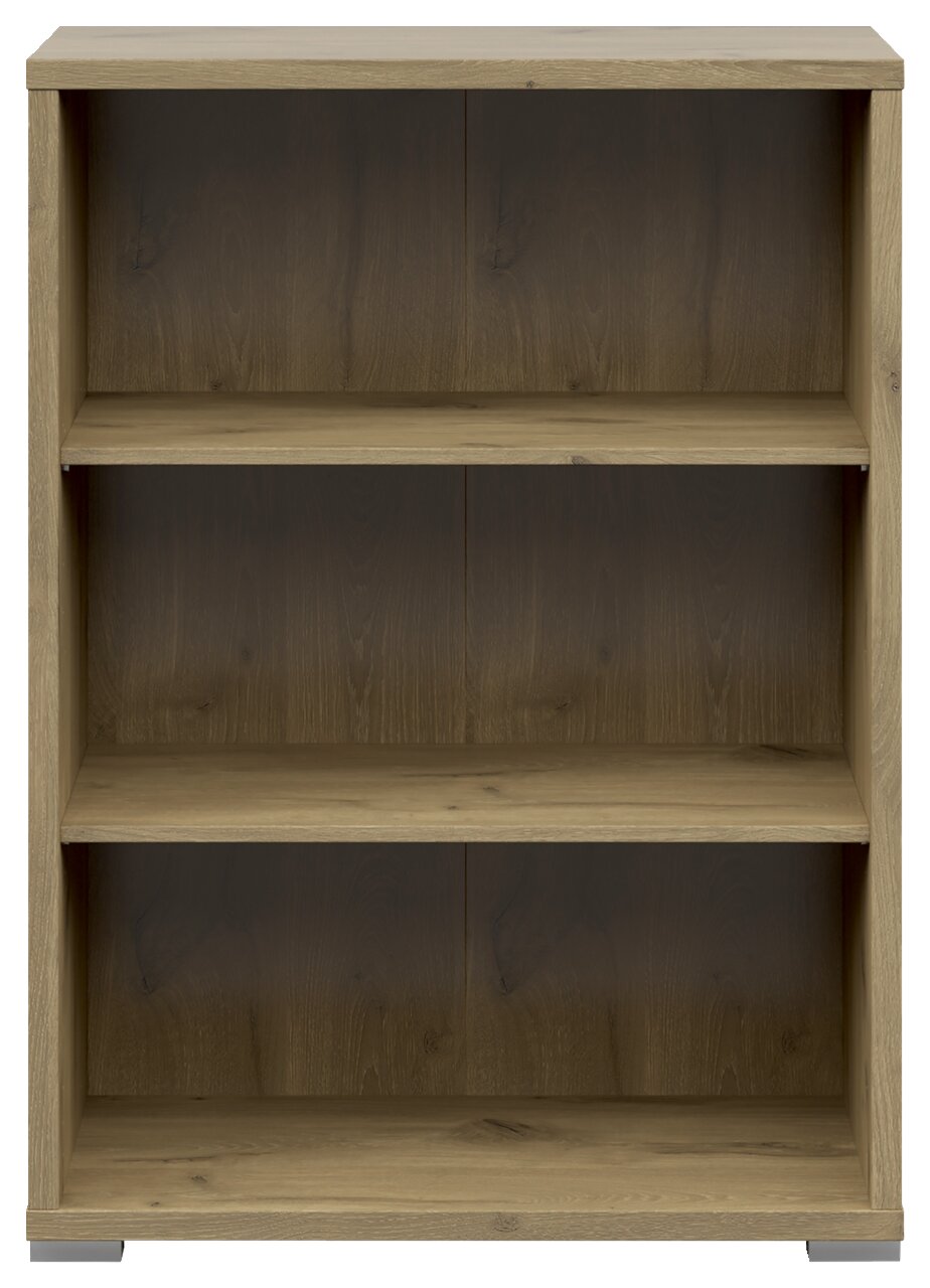 Frontale Ansicht eines breiten Aktenregals mit drei offenen Fächern in Holzoptik.