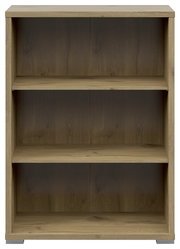 Frontale Ansicht eines breiten Aktenregals mit drei offenen Fächern in Holzoptik.