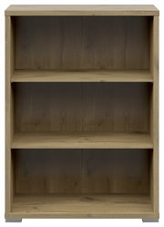 Frontale Ansicht eines breiten Aktenregals mit drei offenen Fächern in Holzoptik.