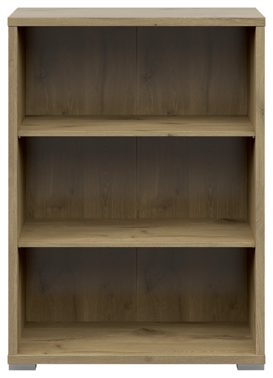 Frontale Ansicht eines breiten Aktenregals mit drei offenen Fächern in Holzoptik.