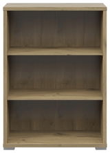 Frontale Ansicht eines breiten Aktenregals mit drei offenen Fächern in Holzoptik.