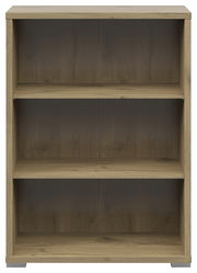 Frontale Ansicht eines breiten Aktenregals mit drei offenen Fächern in Holzoptik.