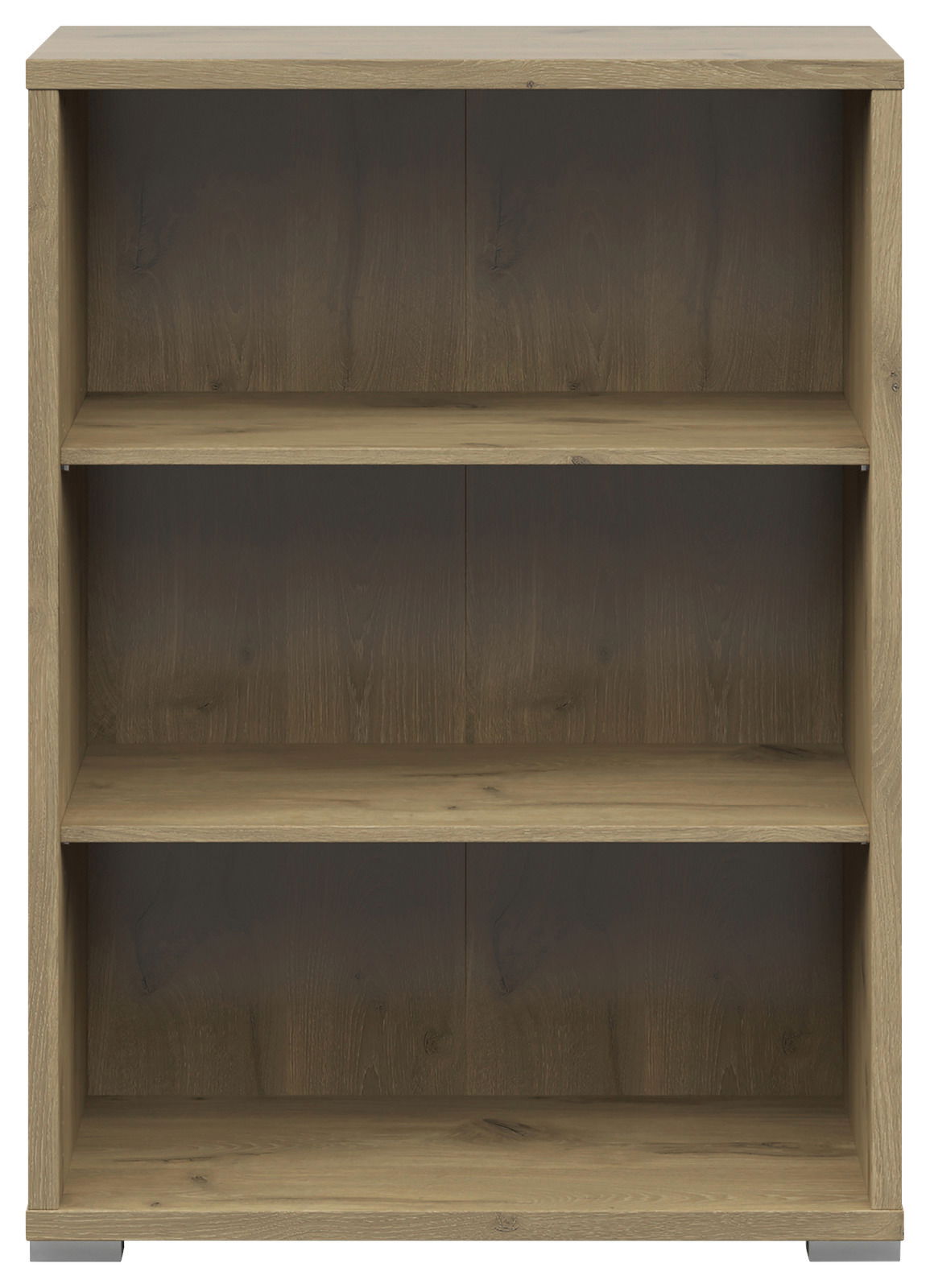 Frontale Ansicht eines breiten Aktenregals mit drei offenen Fächern in Holzoptik.