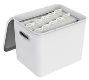 Weiße Archivbox mit geöffnetem Deckel, gefüllt mit sortierten Hängemappen, seitliche Perspektive