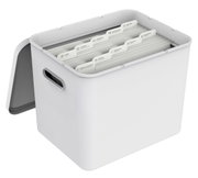Weiße Archivbox mit geöffnetem Deckel, gefüllt mit sortierten Hängemappen, seitliche Perspektive