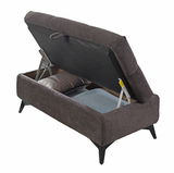 Hocker mit aufklappbarem Deckel, der Stauraum für Kissen bietet, seitliche Perspektive