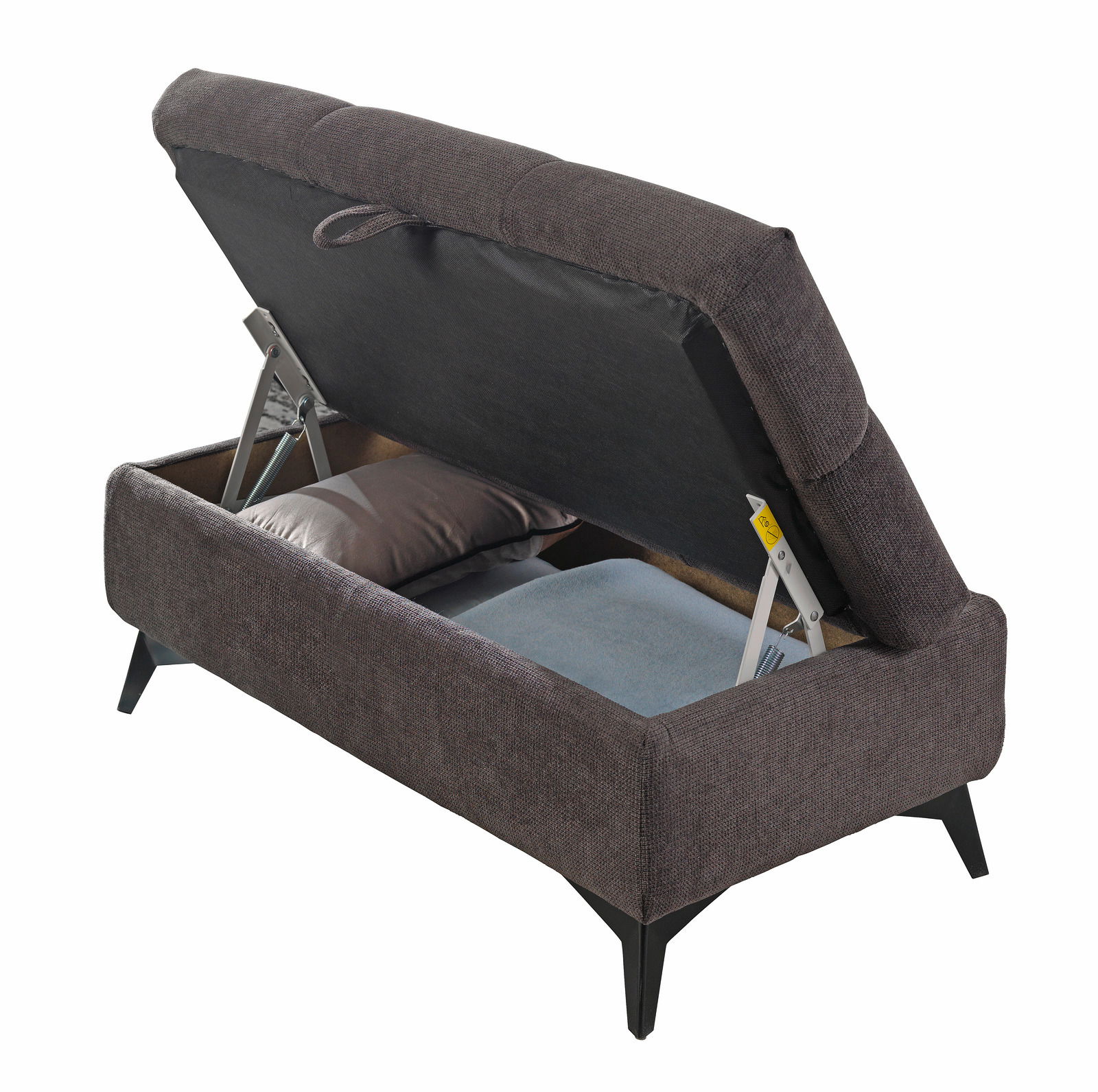 Hocker mit aufklappbarem Deckel, der Stauraum für Kissen bietet, seitliche Perspektive