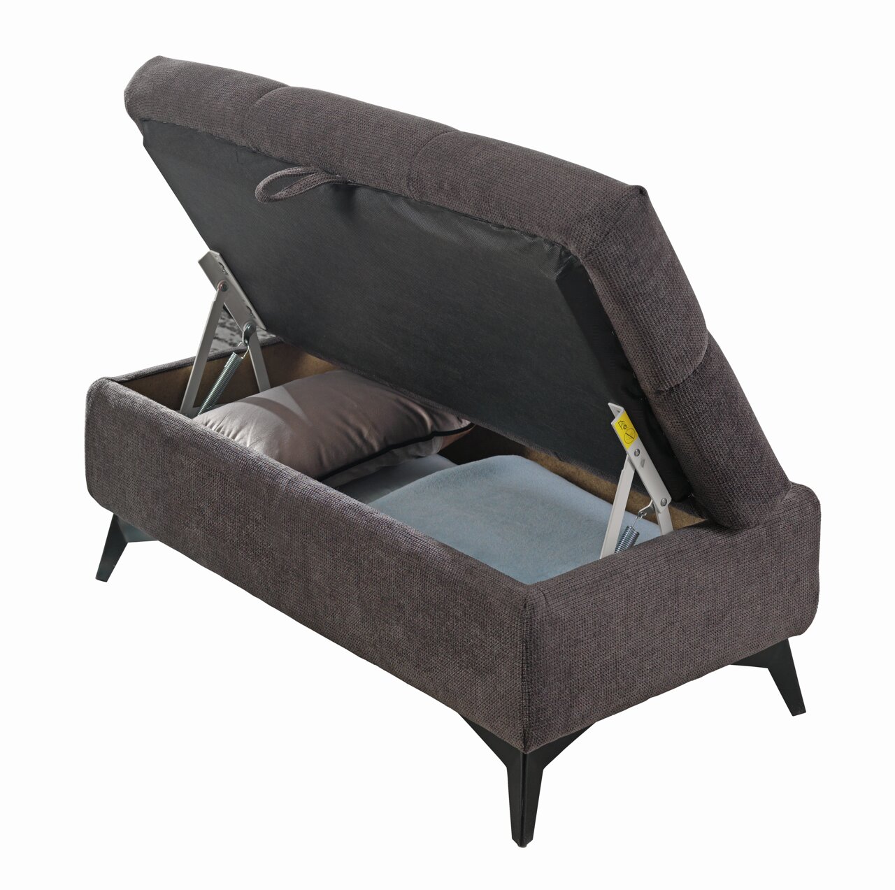 Hocker mit aufklappbarem Deckel, der Stauraum für Kissen bietet, seitliche Perspektive