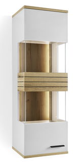 Moderne Hängevitrine mit Holz- und Glaselementen, seitliche Perspektive