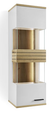 Moderne Hängevitrine mit Holz- und Glaselementen, seitliche Perspektive