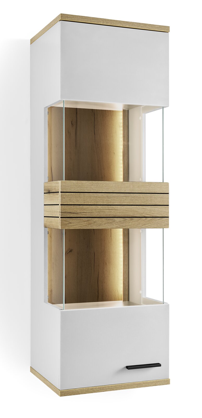 Moderne Hängevitrine mit Holz- und Glaselementen, seitliche Perspektive