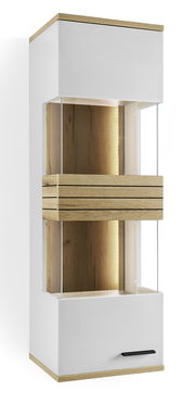 Moderne Hängevitrine mit Holz- und Glaselementen, seitliche Perspektive