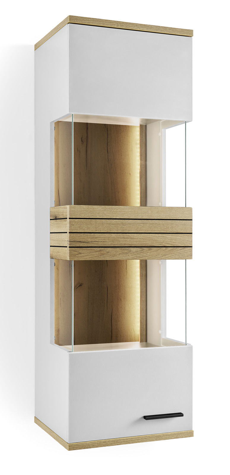 Moderne Hängevitrine mit Holz- und Glaselementen, seitliche Perspektive