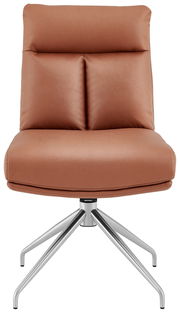 Moderner brauner Stuhl mit gepolsterter Rückenlehne und Metallfuß, Frontalansicht