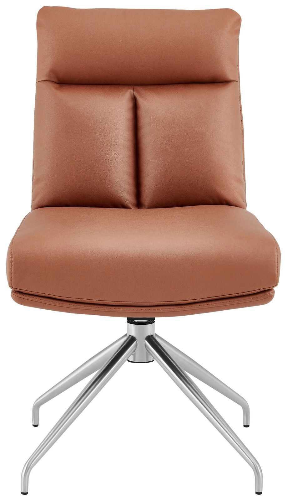 Moderner brauner Stuhl mit gepolsterter Rückenlehne und Metallfuß, Frontalansicht