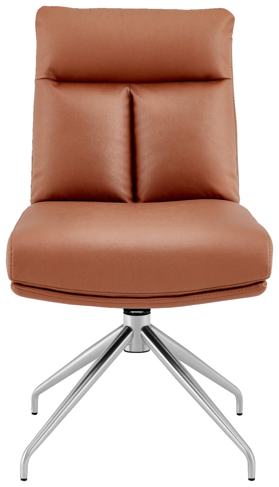 Moderner brauner Stuhl mit gepolsterter Rückenlehne und Metallfuß, Frontalansicht