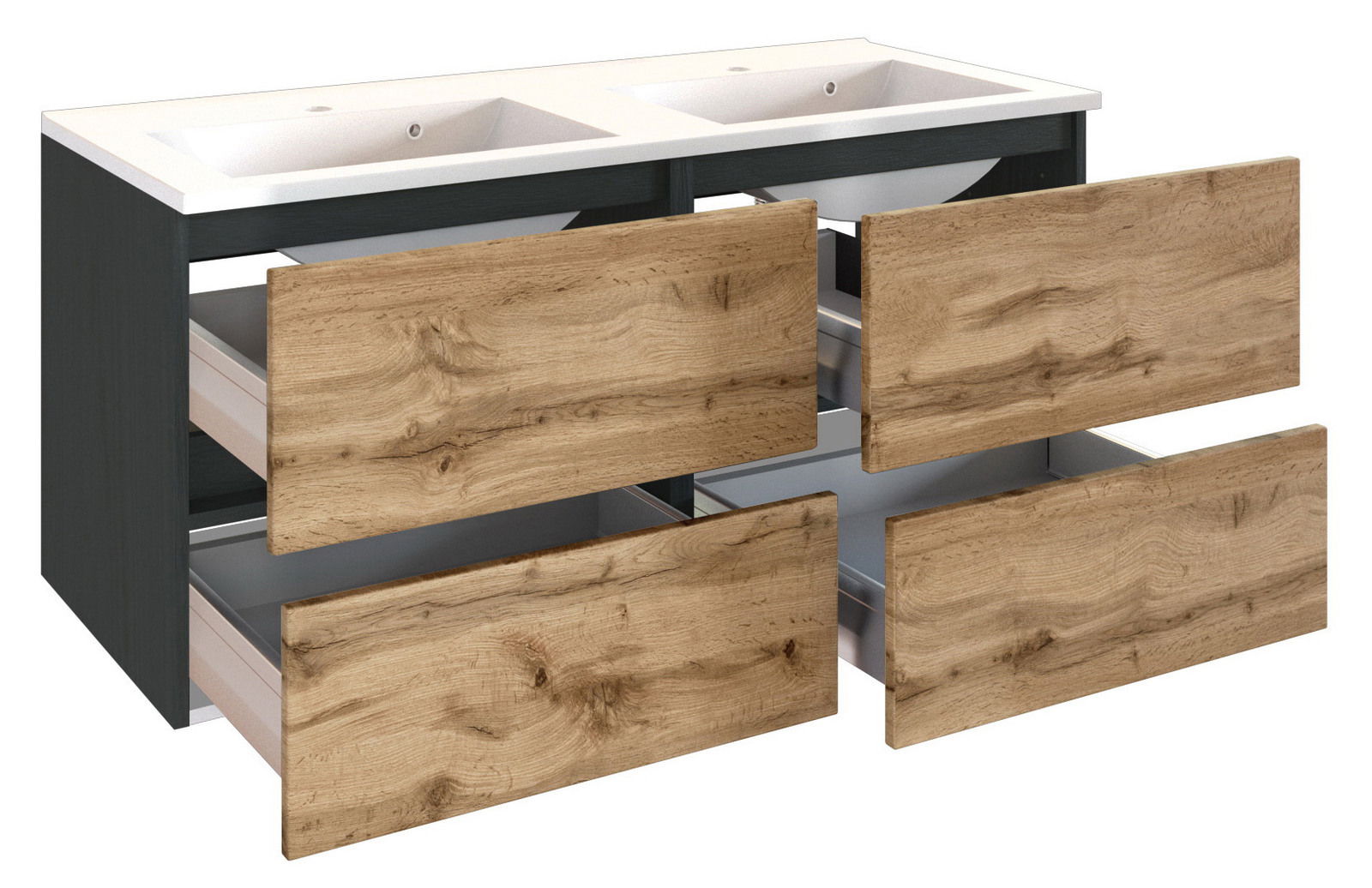 XORA Waschplatz LUCCA Moderner Waschplatz mit zwei Waschbecken und vier offenen Schubladen in Holzoptik, seitliche Perspektive