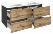 Moderner Waschplatz mit zwei Waschbecken und vier offenen Schubladen in Holzoptik, seitliche Perspektive