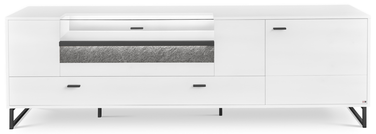 Modernes weißes TV-Lowboard mit schwarzen Akzenten und Metallbeinen, Frontalansicht.