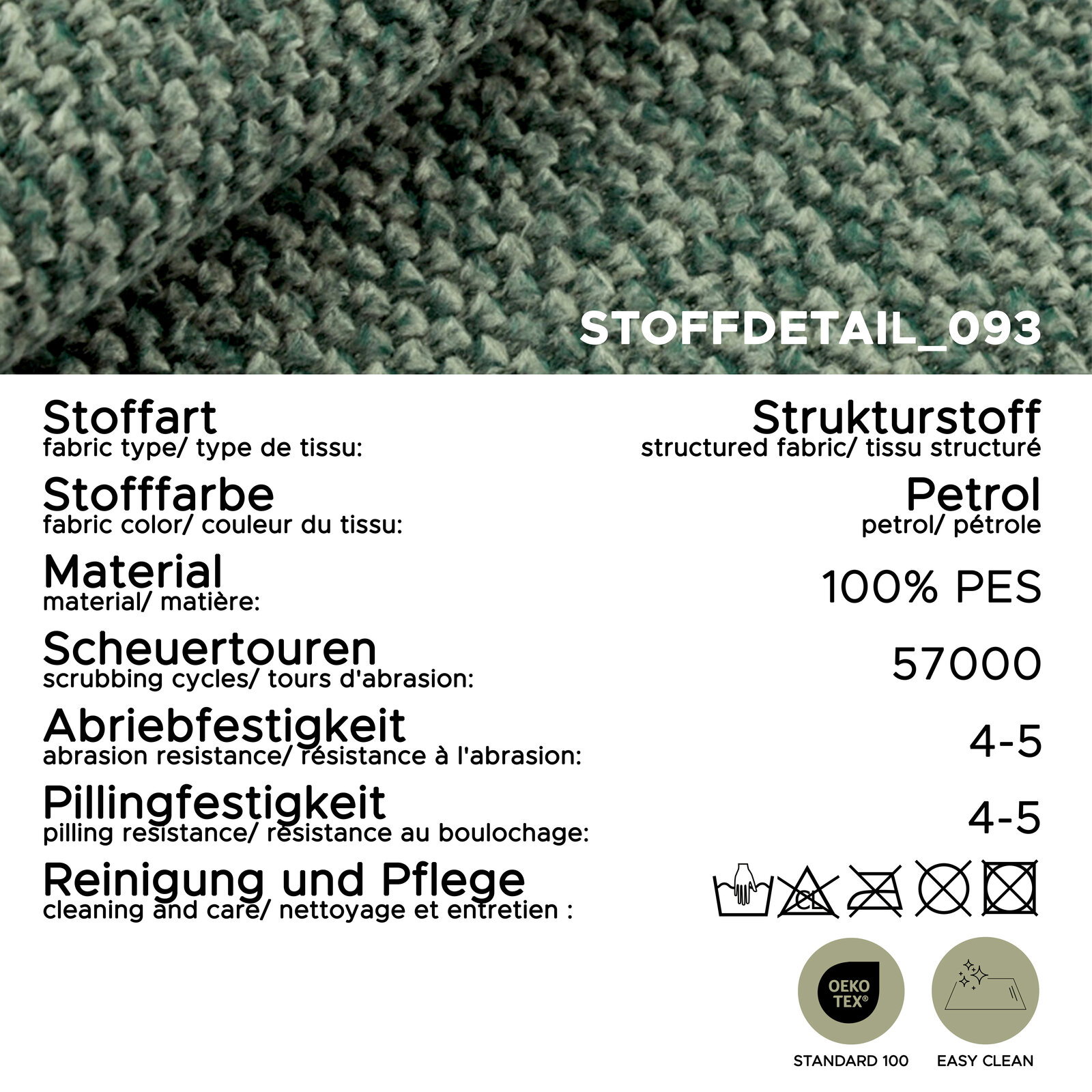 Nahaufnahme (Detailansicht) eines petrolfarbenen Strukturstoffs; Infografik mit Angaben: Stoffdetail_093, Material 100% PES, 57.000 Scheuertouren, Abriebfestigkeit 4–5, Pillingfestigkeit 4–5, Pflegehinweise sowie OEKO-TEX Standard 100 und Easy Clean.