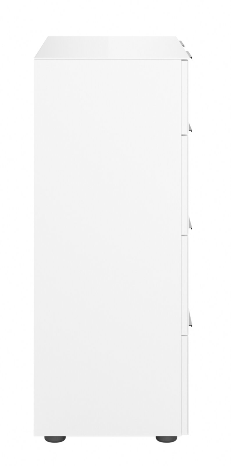 Weiße Kommode von der Seite betrachtet mit schlichten Linien und modernen Design.