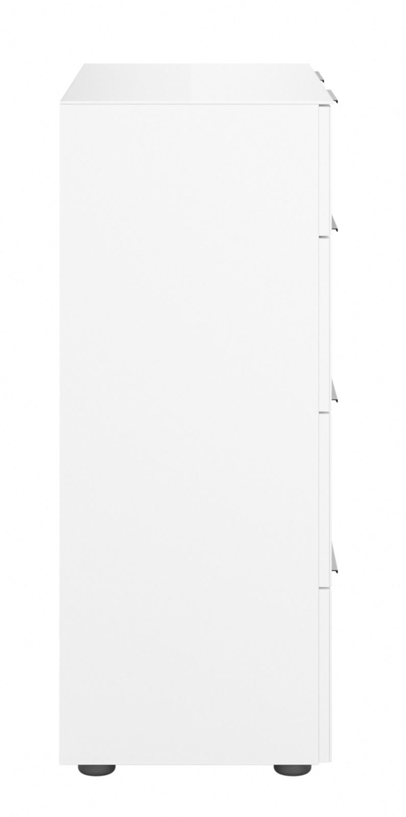 Weiße Kommode von der Seite betrachtet mit schlichten Linien und modernen Design.