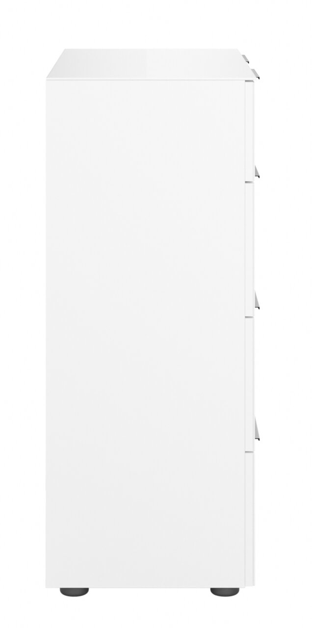 Weiße Kommode von der Seite betrachtet mit schlichten Linien und modernen Design.