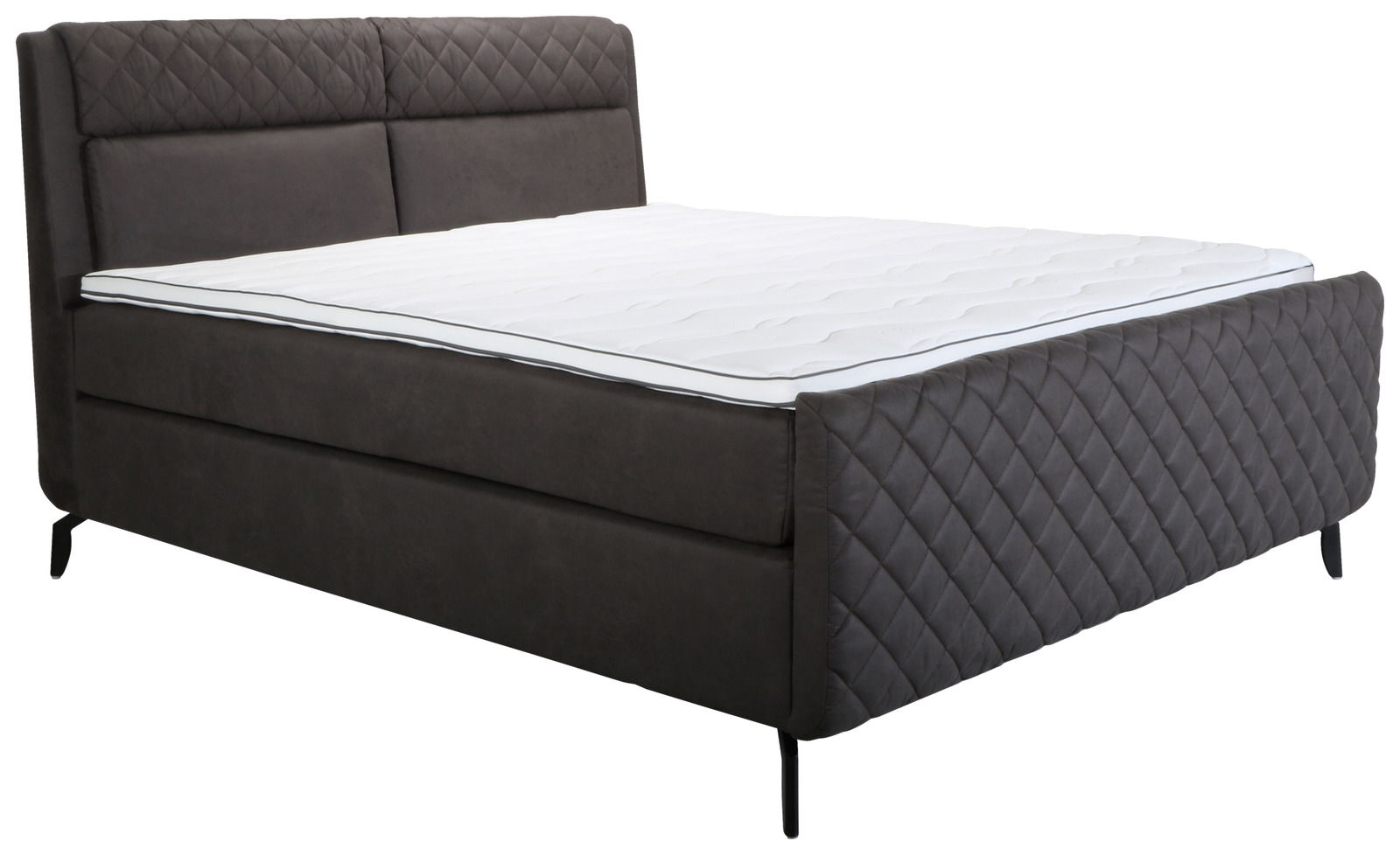 Boxspringbett in seitlicher Perspektive mit gestepptem Kopf- und Fußteil in dunklem Stoffbezug.