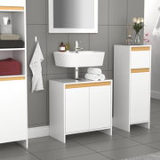 Modernes Badezimmer-Waschtisch-Set in Weiß mit Holz-Akzenten und Aufsatzwaschbecken, inklusive Unterschrank und Hochschrank, Frontansicht auf Augenhöhe.