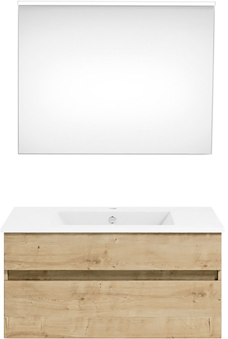 Puris Badkombination GET2YOU 21 Frontale Ansicht einer modernen Badkombination mit einem großen Spiegel und einem Waschbeckenunterschrank in Holzoptik.